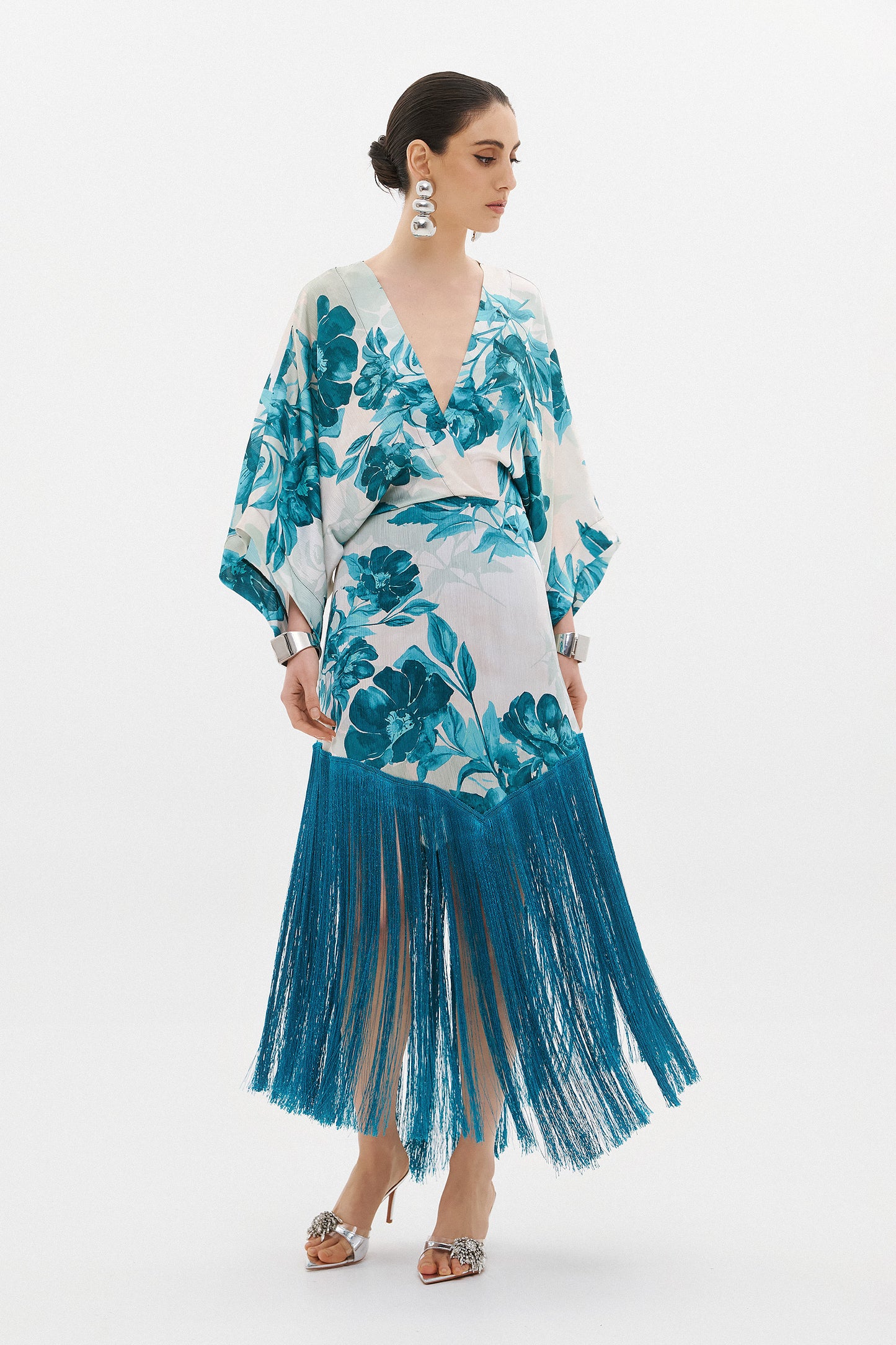 SORAYA AQUA FLORAL FRINGE DRESS  (20016)