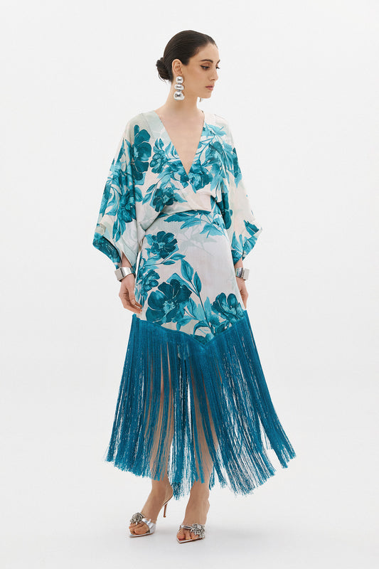 SORAYA AQUA FLORAL FRINGE DRESS  (20016)