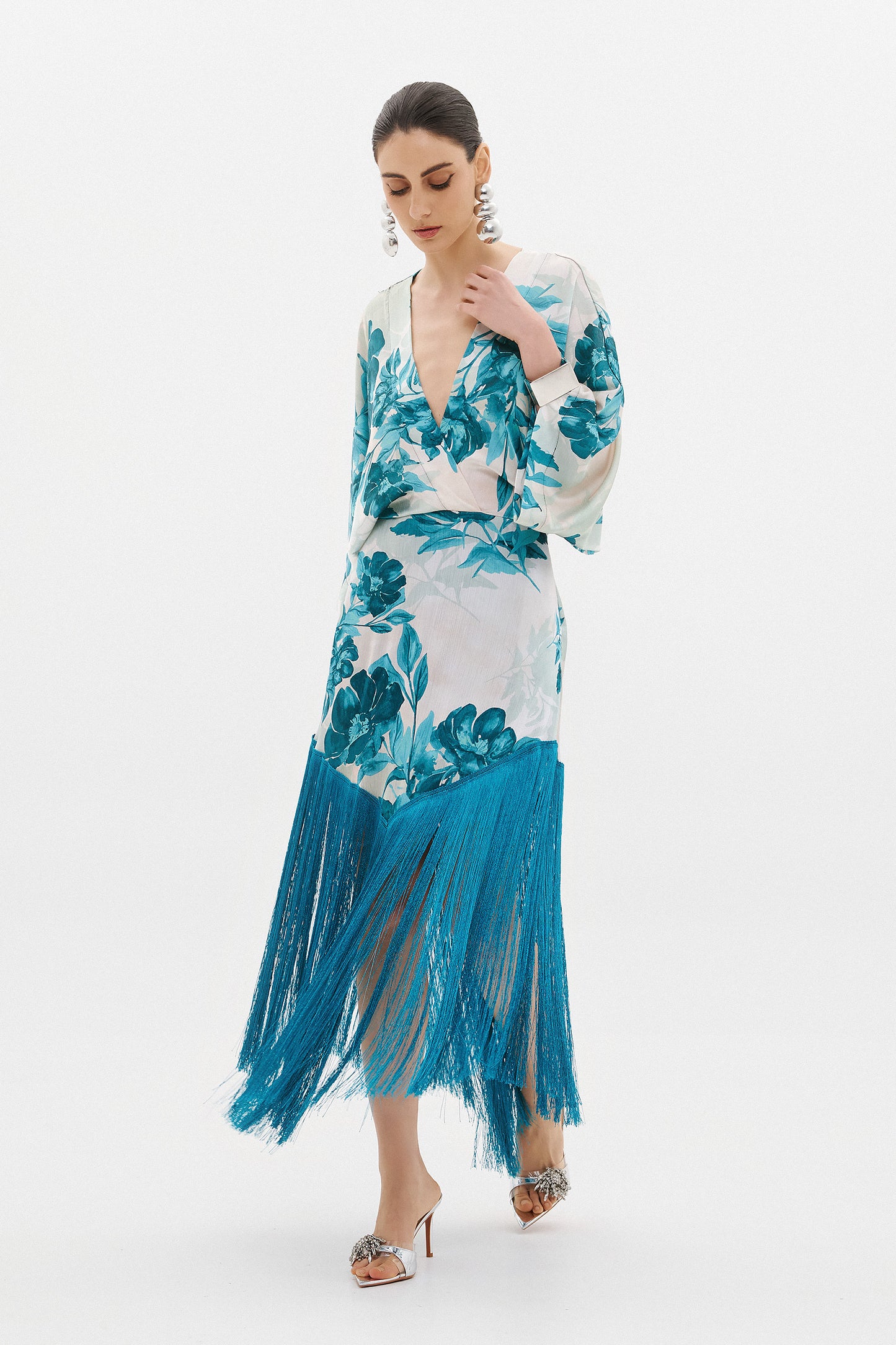 SORAYA AQUA FLORAL FRINGE DRESS  (20016)