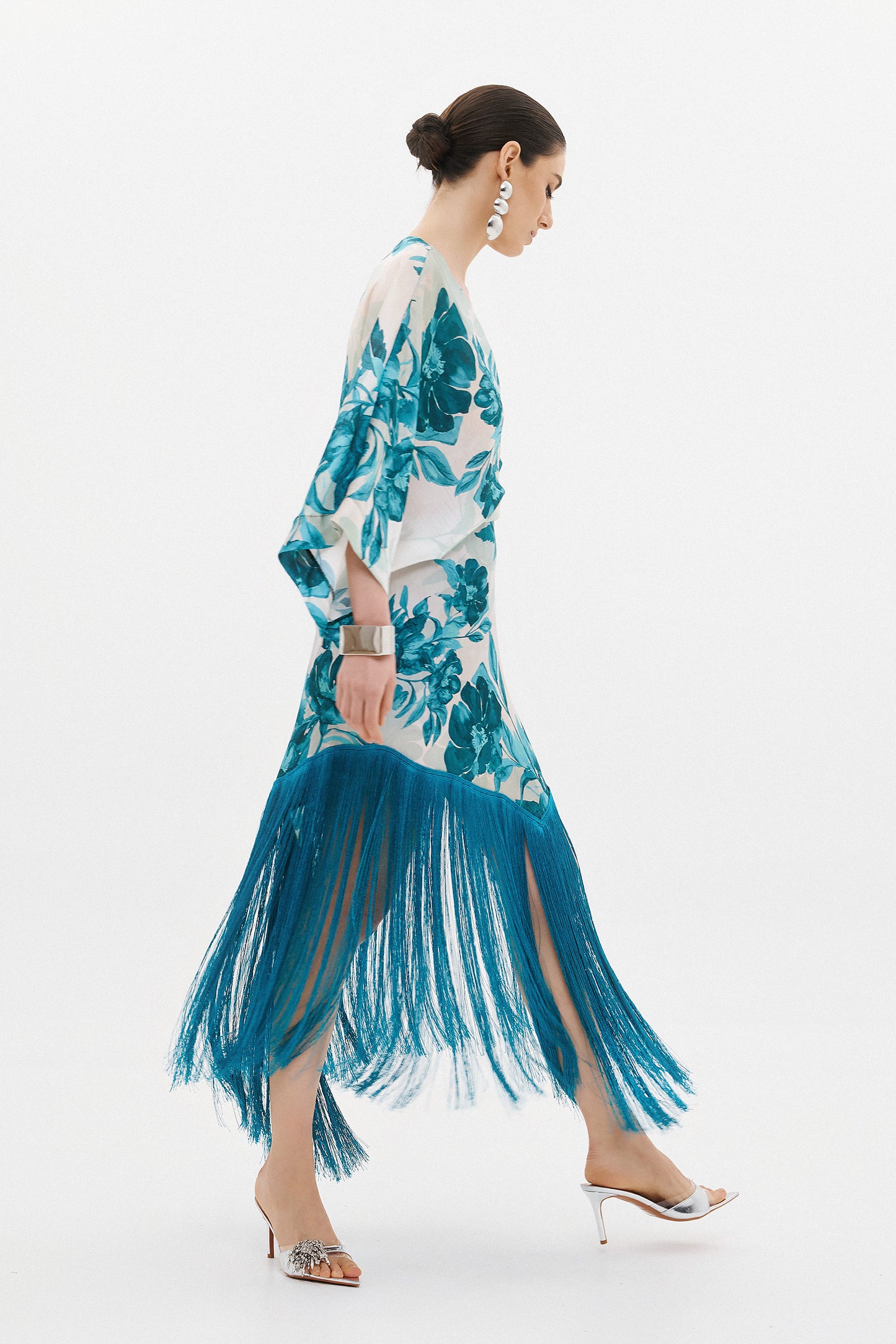 SORAYA AQUA FLORAL FRINGE DRESS  (20016)
