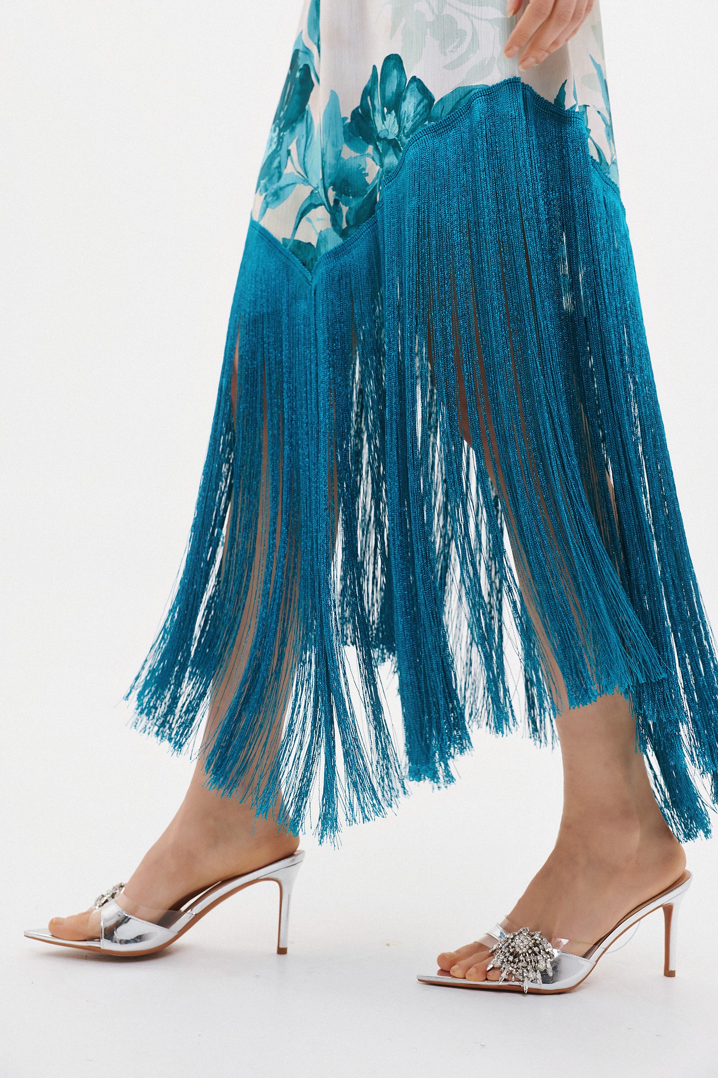 SORAYA AQUA FLORAL FRINGE DRESS  (20016)